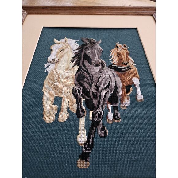Needlepoint Tapestry Running Horses Framed Art Finished 15x18 - Picture 3 of 10